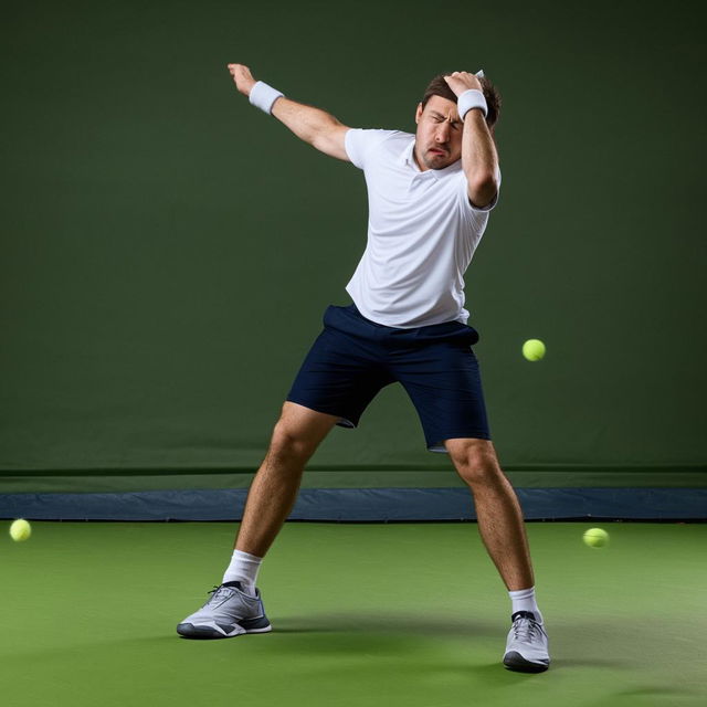 Anguished male tennis player in an action pose, expressing frustration over the loss of a point on a grass court