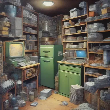 In the science fiction novel, the hoarder had a secret room filled with advanced technology from an advanced civilization.