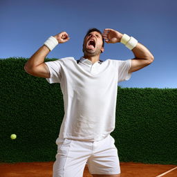 Anguished male tennis player in an action pose, expressing frustration over the loss of a point on a grass court