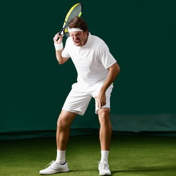 Anguished male tennis player in an action pose, expressing frustration over the loss of a point on a grass court