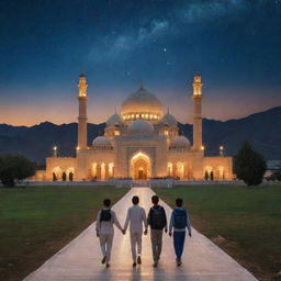 Group of boys heading to a beautifully illuminated mosque surrounded by stunning natural scenery under the starry night sky.