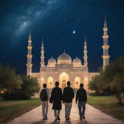 Group of boys heading to a beautifully illuminated mosque surrounded by stunning natural scenery under the starry night sky.