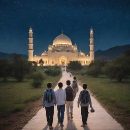 Group of boys heading to a beautifully illuminated mosque surrounded by stunning natural scenery under the starry night sky.