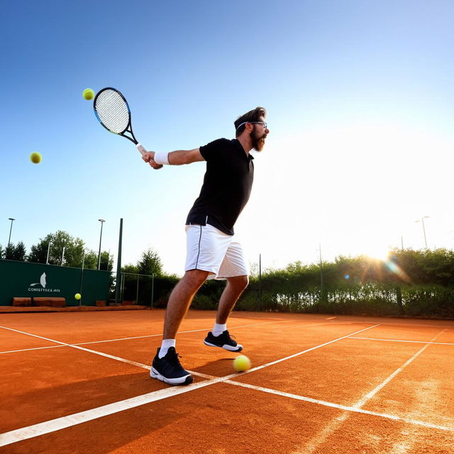 A bearded man in sports attire energetically playing tennis on a clearly marked court with a sunlit backdrop.