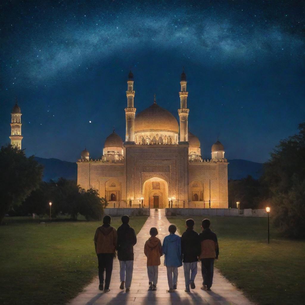 Group of boys heading to a beautifully illuminated mosque surrounded by stunning natural scenery under the starry night sky.