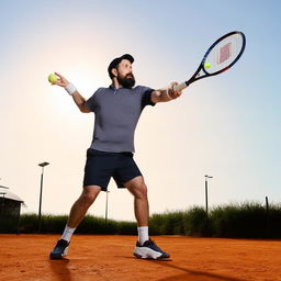 A bearded man in sports attire energetically playing tennis on a clearly marked court with a sunlit backdrop.