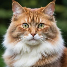 A majestic and endearing cat with vibrant, glossy fur, sitting serenely with its bright eyes focused.