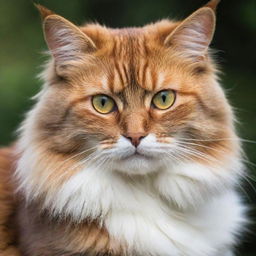 A majestic and endearing cat with vibrant, glossy fur, sitting serenely with its bright eyes focused.