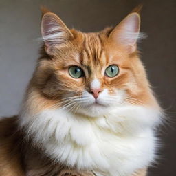 A majestic and endearing cat with vibrant, glossy fur, sitting serenely with its bright eyes focused.