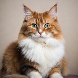 A majestic and endearing cat with vibrant, glossy fur, sitting serenely with its bright eyes focused.