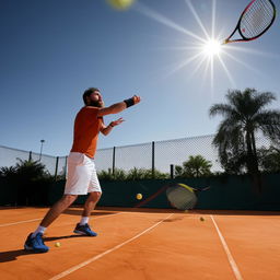 A bearded man in sports attire energetically playing tennis on a clearly marked court with a sunlit backdrop.