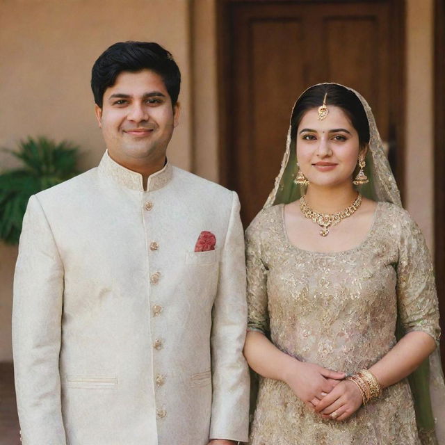 A realistic photograph of a newlywed couple: a chubby, cheerful girl standing alongside a clean-shaven, serious-looking Pakistani boy. Both dressed in their wedding attire.