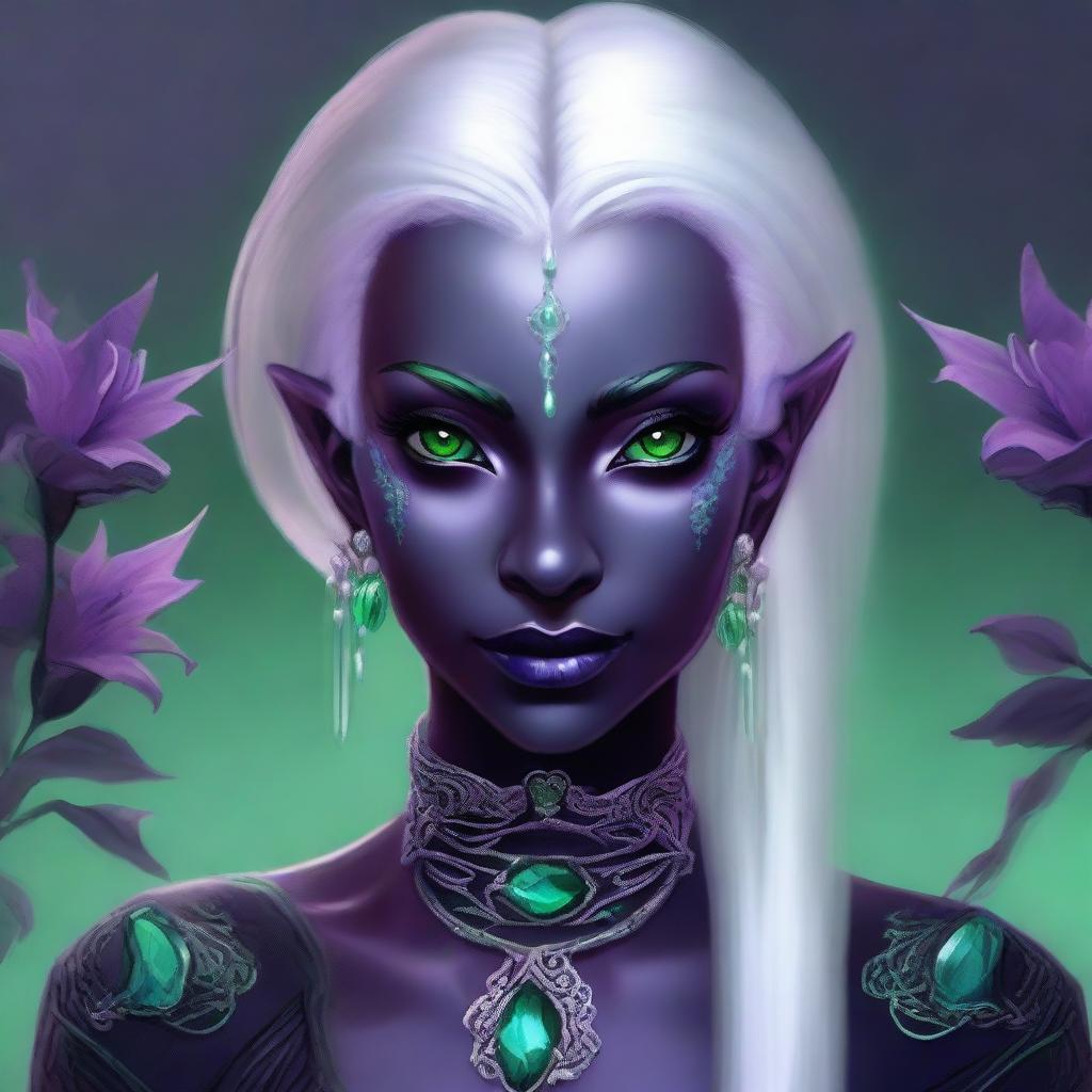 Depict a digital art image of a Drow woman, a Dark Elf with long pearl white hair tied in a ponytail