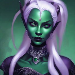 Depict a digital art image of a Drow woman, a Dark Elf with long pearl white hair tied in a ponytail