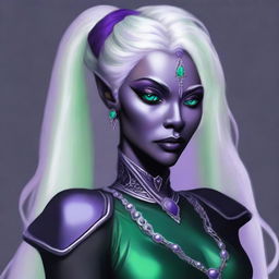 Depict a digital art image of a Drow woman, a Dark Elf with long pearl white hair tied in a ponytail