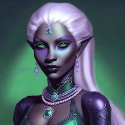 Depict a digital art image of a Drow woman, a Dark Elf with long pearl white hair tied in a ponytail