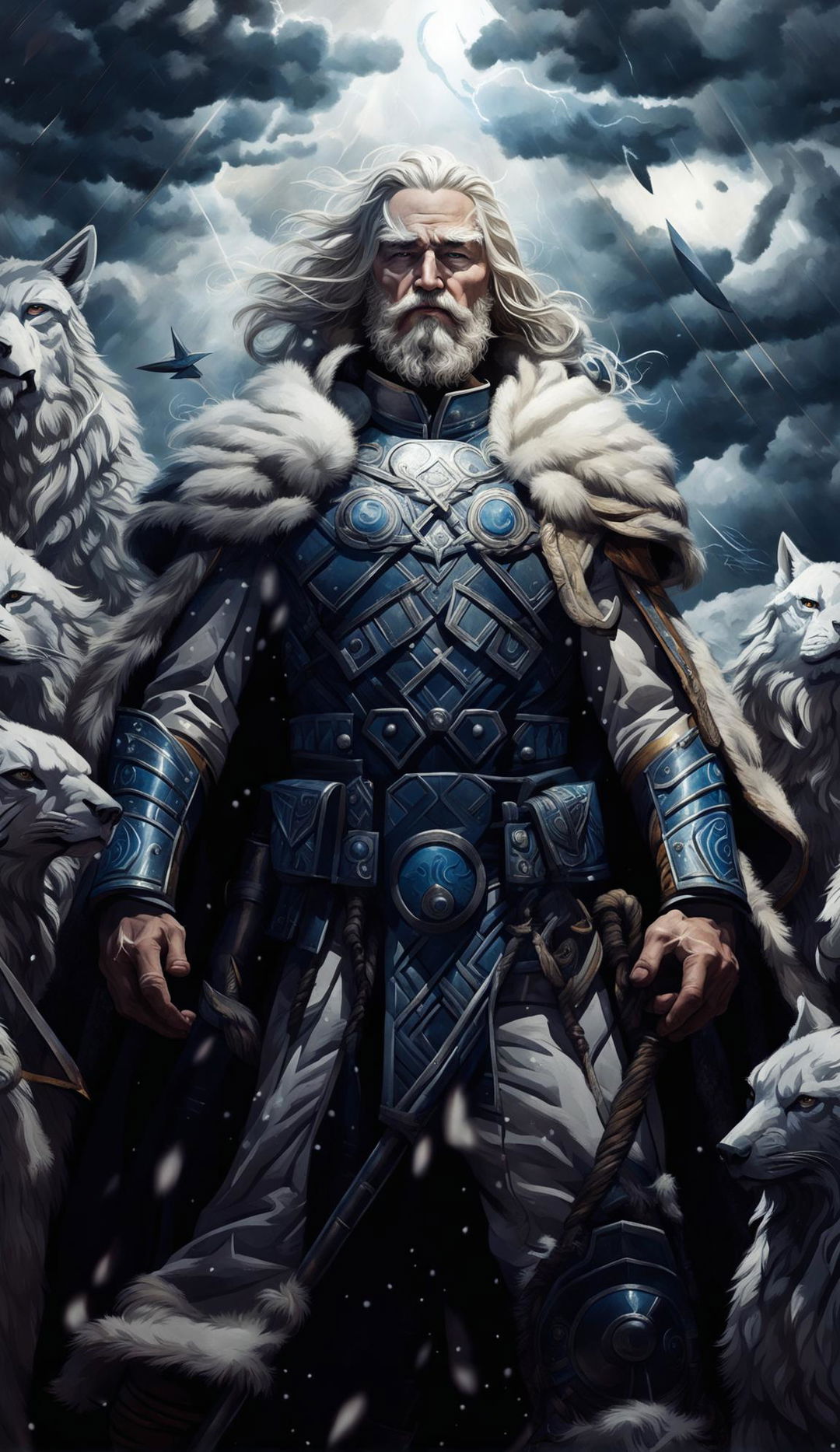 Odin, the mighty Norse god in stormy celestial landscape with his wolves Geri and Freki and ravens Huginn and Muninn. He holds his legendary spear Gungnir.