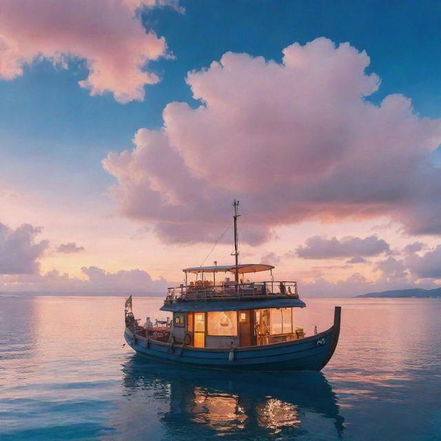 A detailed Studio Ghibli-styled boat floating in the middle of the sapphire sea, under the cotton-candy sky during sunset.