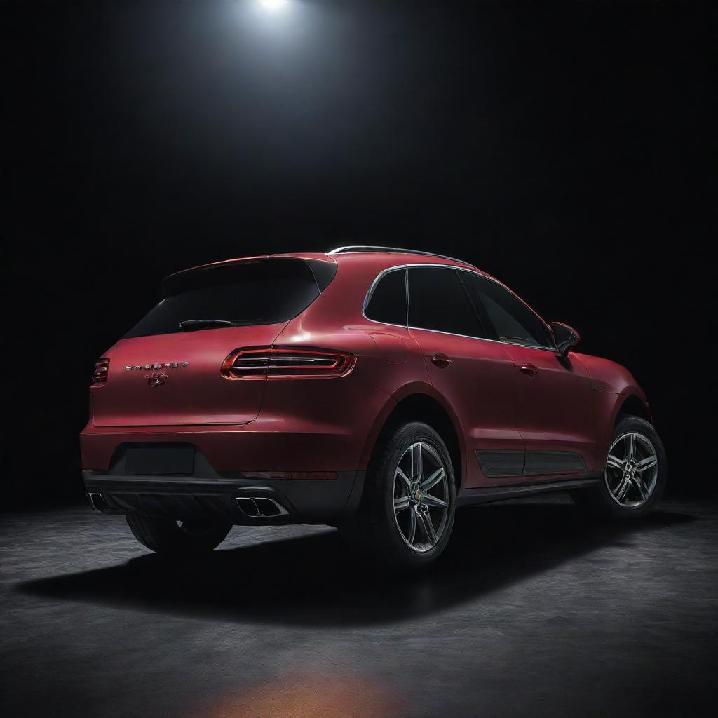 A detailed and visually striking image of a Porsche Macan in a dynamic pose under dramatic lighting