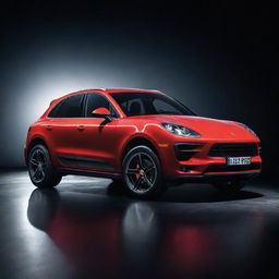 A detailed and visually striking image of a Porsche Macan in a dynamic pose under dramatic lighting