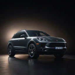 A detailed and visually striking image of a Porsche Macan in a dynamic pose under dramatic lighting