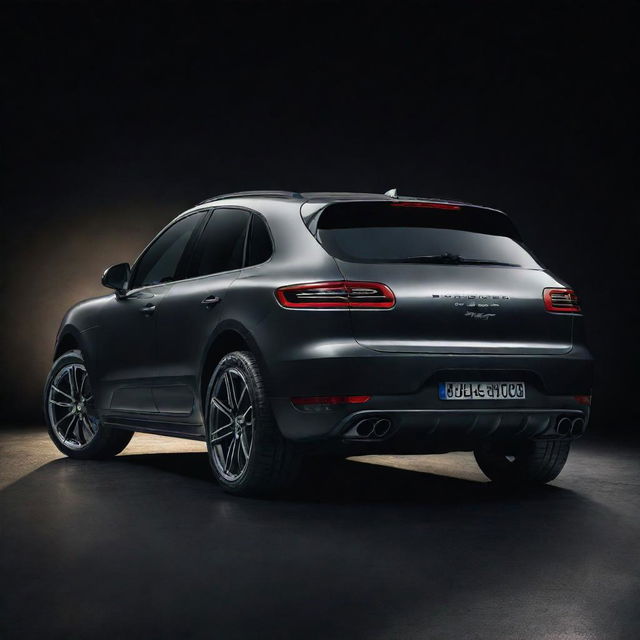 A detailed and visually striking image of a Porsche Macan in a dynamic pose under dramatic lighting