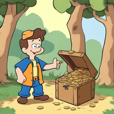 In the cartoon, the main character discovers a hidden treasure and makes a windfall profit by selling it.