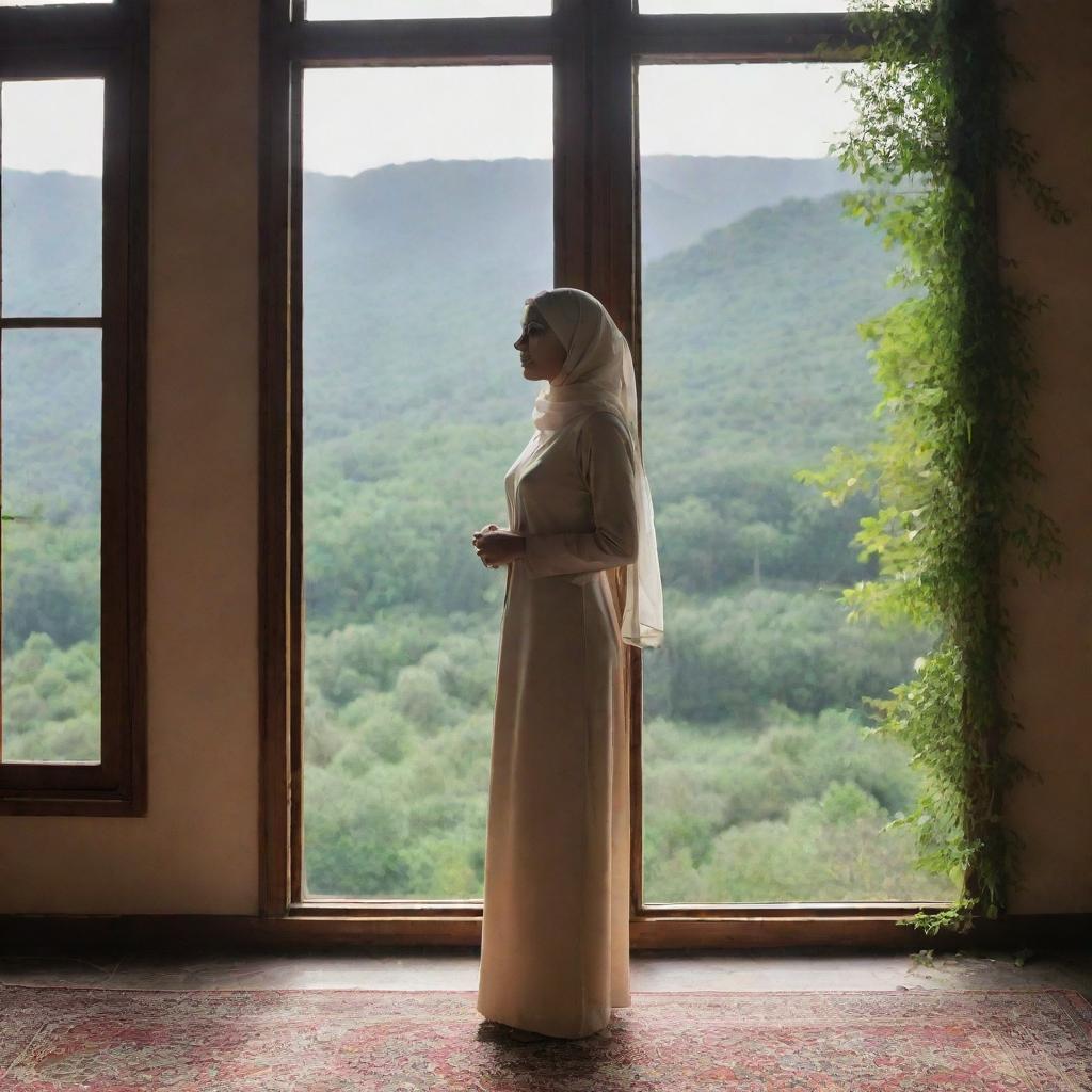 A poised Muslim woman standing near a window, through which a lush natural landscape can be seen