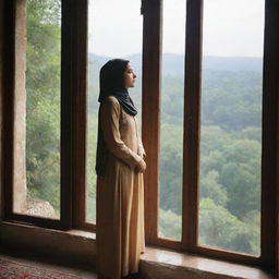 A poised Muslim woman standing near a window, through which a lush natural landscape can be seen