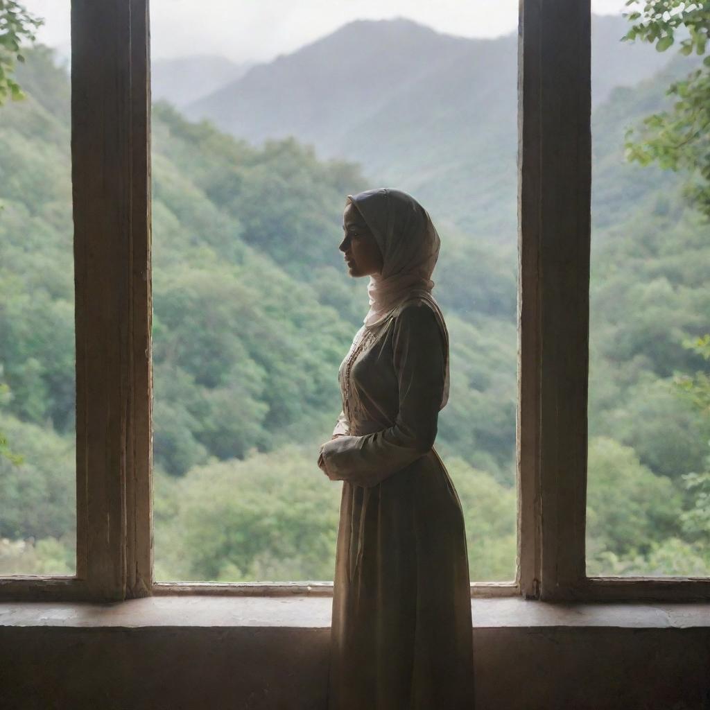 A poised Muslim woman standing near a window, through which a lush natural landscape can be seen