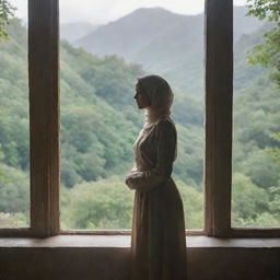 A poised Muslim woman standing near a window, through which a lush natural landscape can be seen