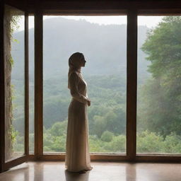 A poised Muslim woman standing near a window, through which a lush natural landscape can be seen