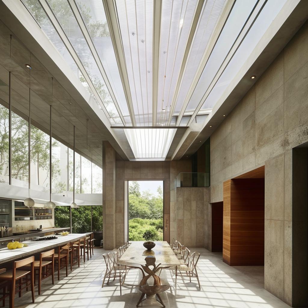 An architecturally designed dining room with soaring high ceilings, large floor-to-ceiling windows illuminating the space, and a significant skylight providing a dramatic influx of natural light