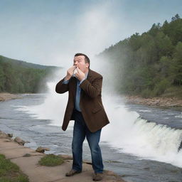 A humorous illustration of a man dramatically sneezing with the force and magnitude of a river.