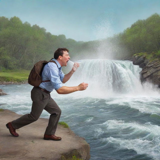 A humorous illustration of a man dramatically sneezing with the force and magnitude of a river.