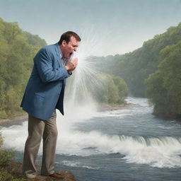 A humorous illustration of a man dramatically sneezing with the force and magnitude of a river.