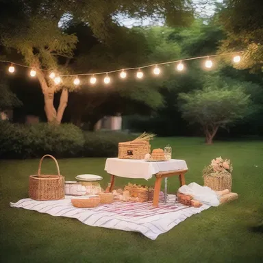 The lush garden setting provided the perfect backdrop for their romantic evening picnic.