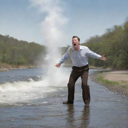 A humorous illustration of a man dramatically sneezing with the force and magnitude of a river.