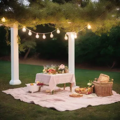 The lush garden setting provided the perfect backdrop for their romantic evening picnic.