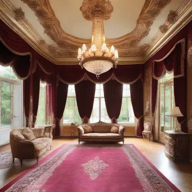 The luxurious mansion featured lush interiors with velvet curtains, plush carpets, and ornate chandeliers.