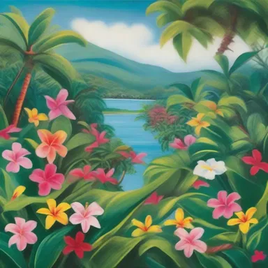 The artist's painting depicted a tropical paradise with lush green landscapes and colorful blooming flowers.