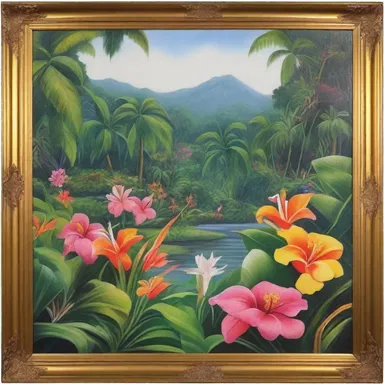 The artist's painting depicted a tropical paradise with lush green landscapes and colorful blooming flowers.
