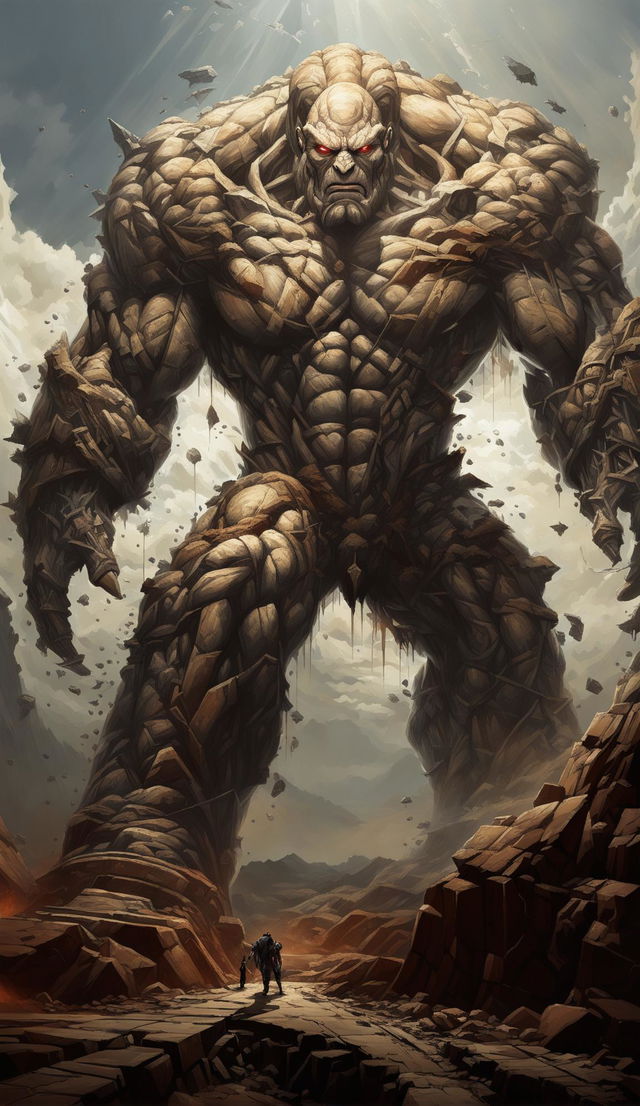 A colossal titan squatting on earth with bulging muscles about to explode.