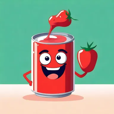 The cartoon character opened a can of lush tomato juice, gulping it down with delight.