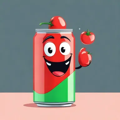 The cartoon character opened a can of lush tomato juice, gulping it down with delight.