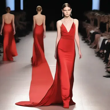 The runway model wore a stunning, sleek gown made of lush, vibrant red silk.