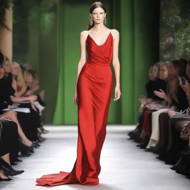 The runway model wore a stunning, sleek gown made of lush, vibrant red silk.