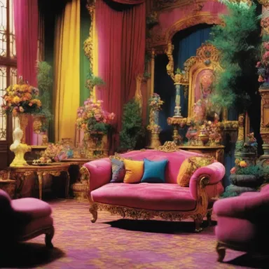 The movie set was designed with a lush backdrop, extravagant props, and profusion of colors.
