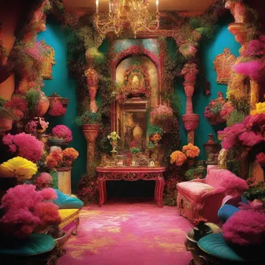 The movie set was designed with a lush backdrop, extravagant props, and profusion of colors.