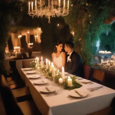 The couple enjoyed a romantic dinner in a lush restaurant with lavish decorations and a profusion of candlelight.